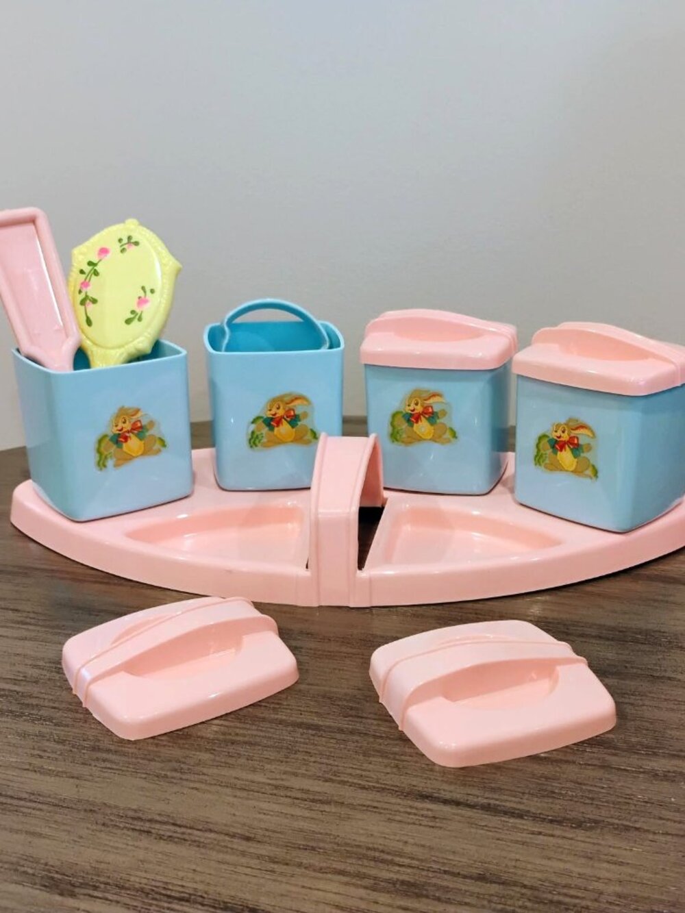 Vtg 70s Pink & Blue Doll Vanity Caddy - 12pc Set - Rare Bunny Sticker Motif